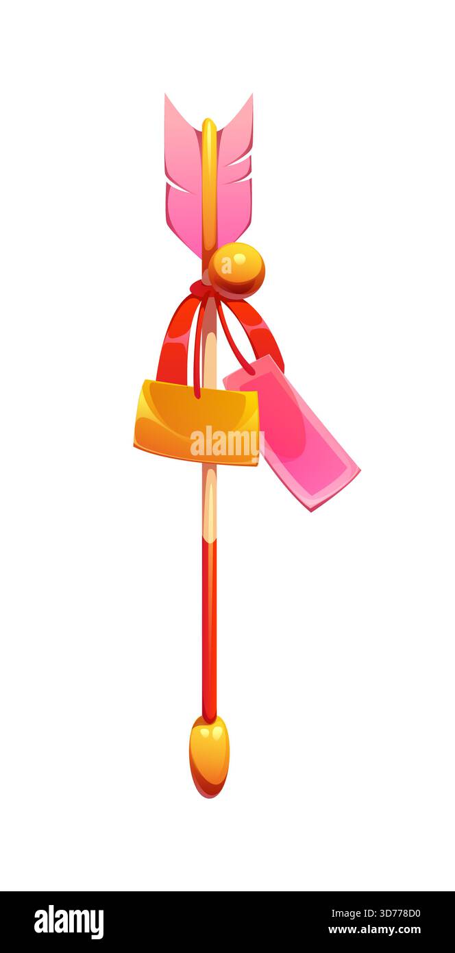 Hamaya japonais traditionnel de dessin animé, flèche cérémonielle avec un ruban rouge, des étiquettes et des accents décoratifs dorés symbolisant la purification, repoussant le mal Illustration de Vecteur