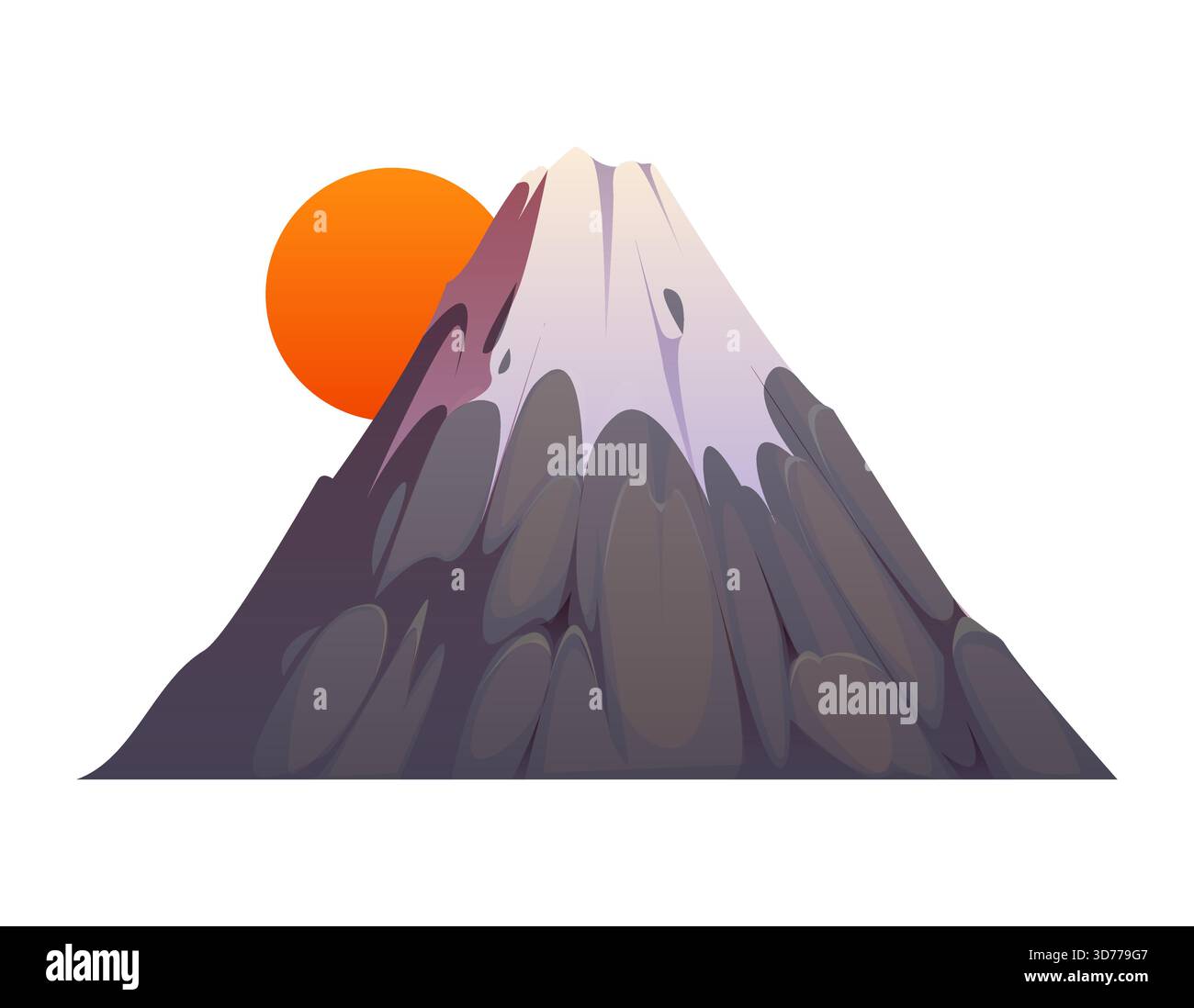 Bande dessinée japonaise Fuji montagne avec un coucher de soleil orange ou se levant derrière elle. Sommet vectoriel isolé avec un pic enneigé et une texture rocheuse arrondie Illustration de Vecteur