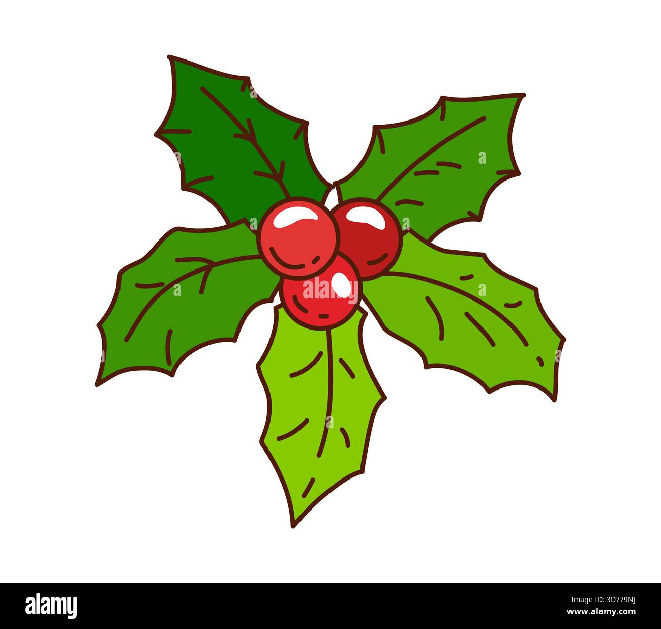 Branche groovy Christmas holly Berry avec fruits rouges vibrants et feuilles vertes brillantes. Plante de style rétro vectoriel des années 70 avec des baies rouges vives pour HO d'hiver Illustration de Vecteur