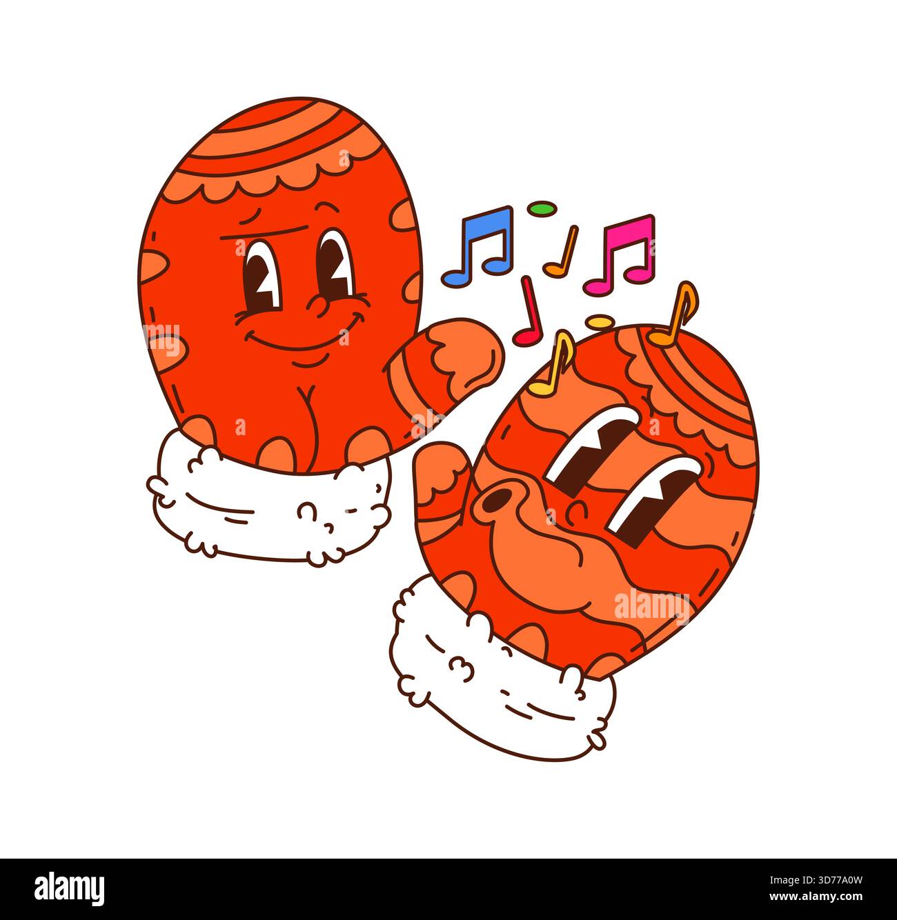 Moufles de Noël rétro groovy personnages avec des visages souriants heureux et des notes de musique colorées. Mascottes de gants de vacances d'hiver mignons funky avec dessin animé des années 70 Illustration de Vecteur