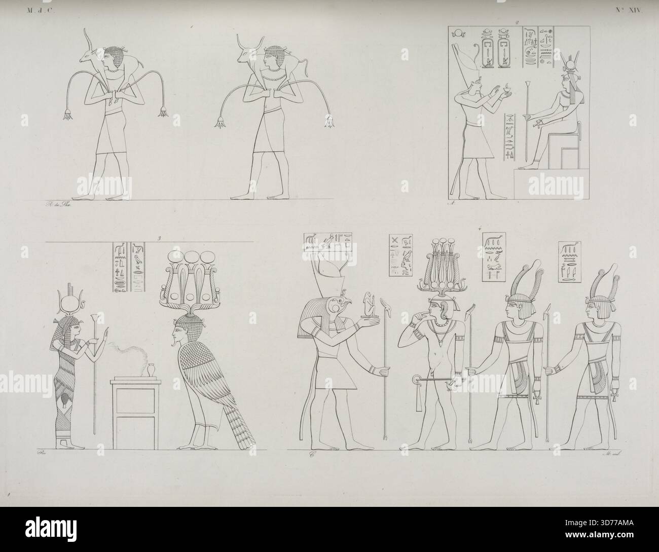 Quatre images sur une page représentant des scènes de pratiques et offrandes religieuses égyptiennes anciennes. La première image montre deux individus présentant des animaux vivants comme offrandes. La deuxième image illustre une offrande à Isis du temps de l'empereur Auguste. La troisième image représente Isis aux côtés de l'esprit d'Osiris. L'image finale montre un roi, représenté sous la forme du Dieu soleil Phrê, faisant une offrande à Harsiesi, accompagné de deux autres représentations d'Horus. Ces images proviennent du temple de Dandur et du temple de Kalabscieh, datées entre 1832 et 1844 Banque D'Images