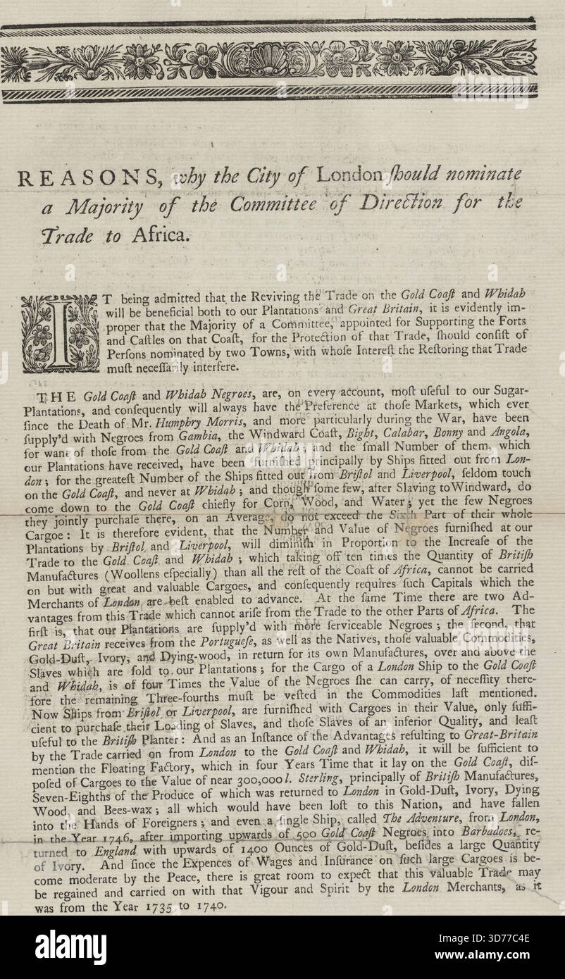 Un document d'une seule page intitulé 'raisons, pourquoi la ville de Londres devrait nommer une majorité du comité de direction pour le commerce vers l'Afrique' publié en 1746 à Londres. Le document aborde des thèmes liés à l'esclavage, à la traite des esclaves, aux Afro-Américains et à l'implication de la Grande-Bretagne, du Ghana et de Whydaw (Jamaïque). La page mesure 26x39 cm Banque D'Images