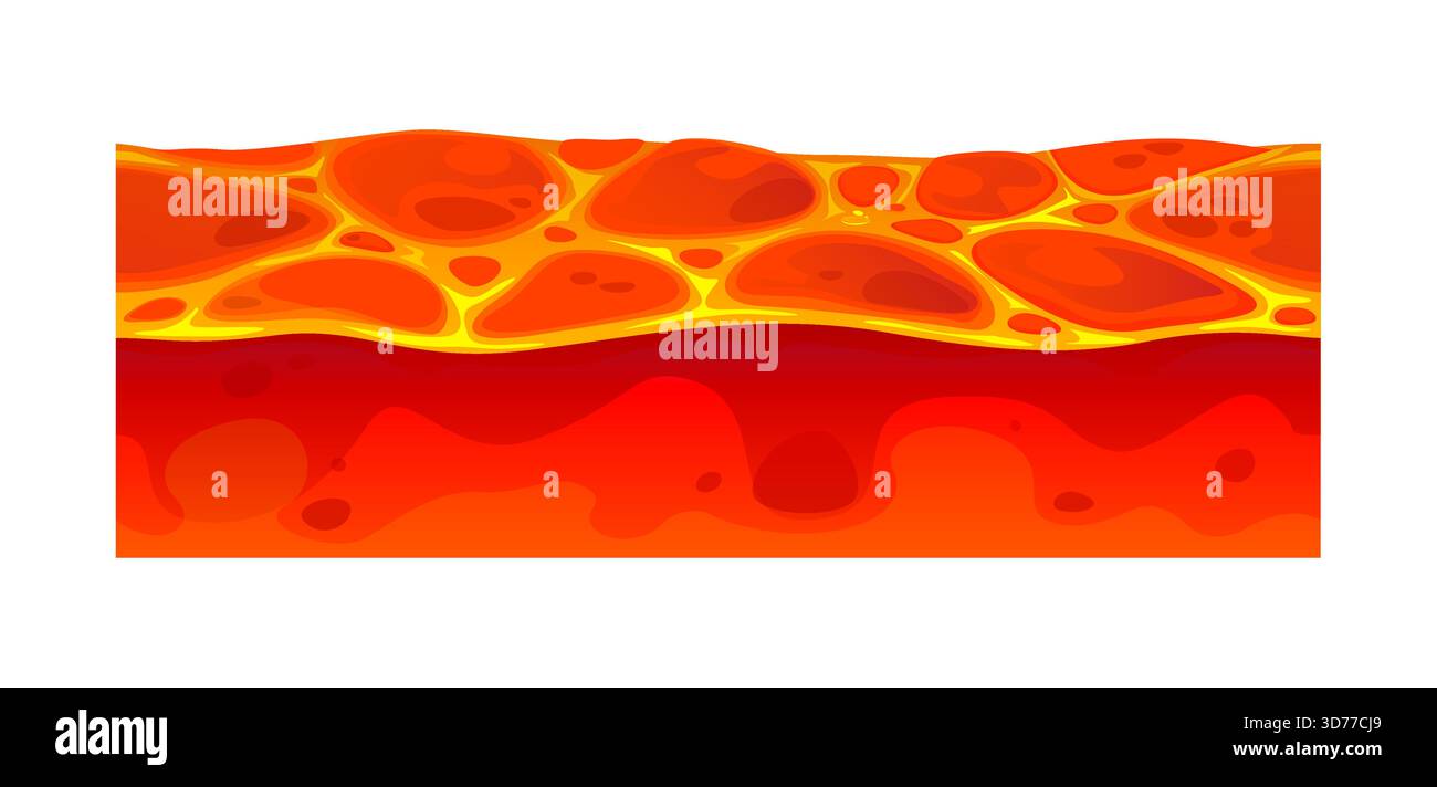 Sol de jeu couche de sol de lave, plate-forme de texture magma fondu. Formation chaude d'éruption volcanique de vecteur de dessin animé isolé pour le jeu. Lave liquide fissurée su Illustration de Vecteur