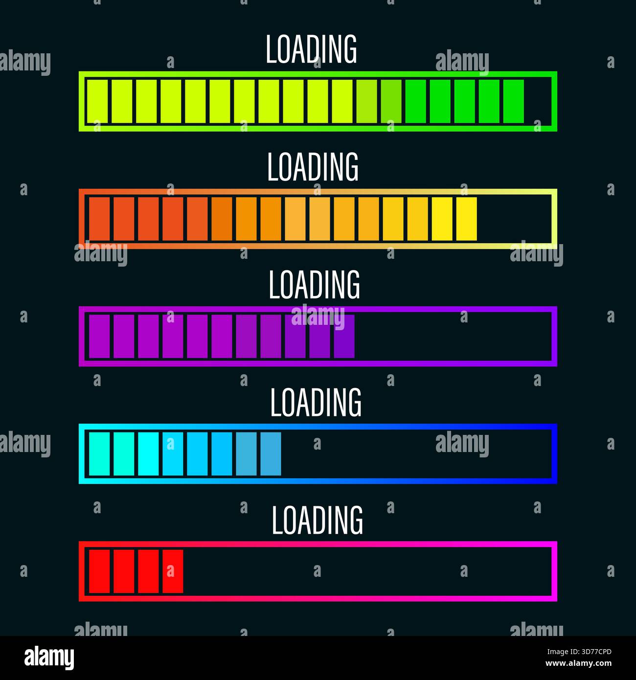 Jeu de barres de chargement. Barres de progression colorées. Eléments d'interface numérique. Conception vectorielle. Illustration de Vecteur