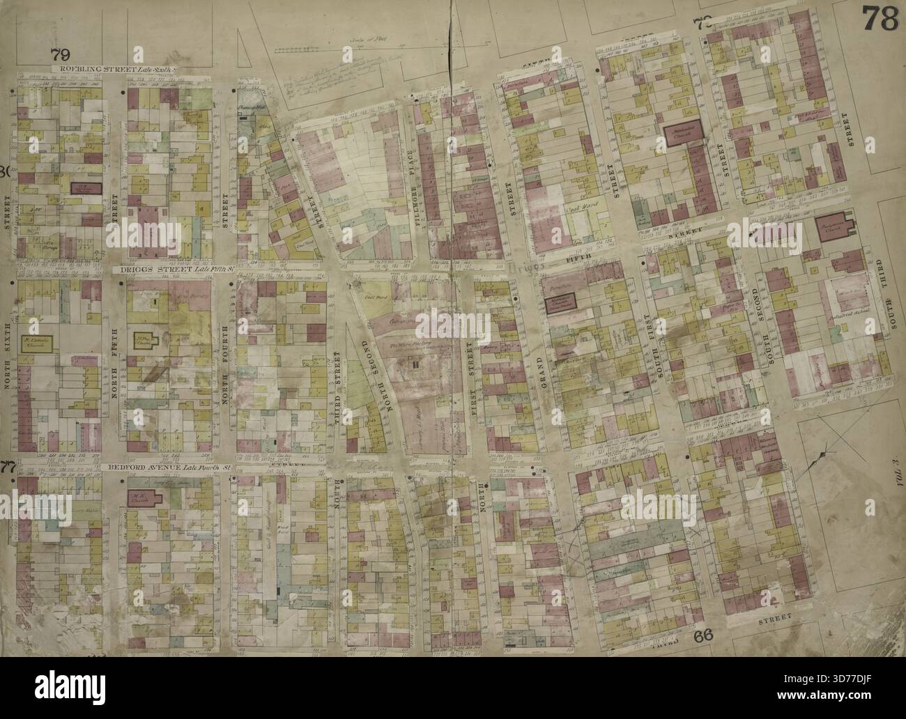 Brooklyn, vol. 4, double page plate No. 78 ; Map Bounded by Roebling réussis, Late South réussis, South 3rd réussi, South 2nd réussi, South 1st réussi, grand, North 1st satisfait ; include North 2nd satisfait, North 3rd satisfait, North 4th satisfait, North 5th satisfait, North 6th satisfait, Bedford Ave. Late 4th préparé, 1868, New York, Éditeur, Higginson, J. H., Brooklyn (New York, New York), assurance incendie Banque D'Images