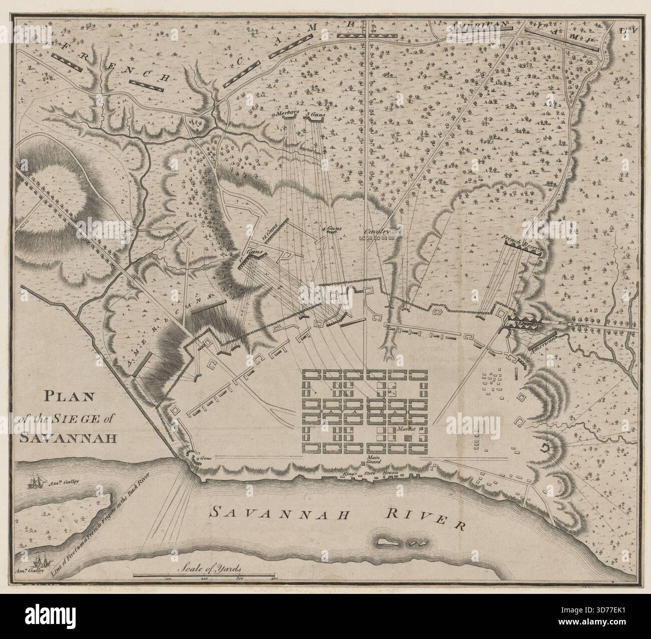 Plan du siège de Savannah, 1779., 1779., Londres ? Éditeur, non identifié., 1 carte ; 21 x 24 cm ; collé sur feuille 28 x 39 cm. Présente des détails de fortification liés à Savannah, Géorgie, pendant la Révolution américaine, en particulier le siège de 1779 Banque D'Images