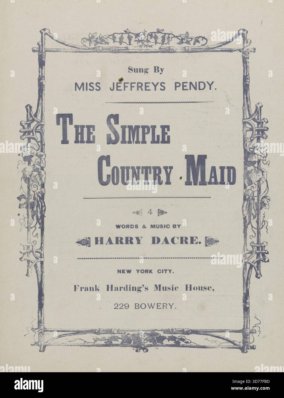 La simple femme de ménage du pays, 1892. De plus, « J'ai toujours mené une vie tranquille, avant de descendre ici », première ligne. De plus, 'vous savez que je ne suis qu'une simple femme de ménage de pays !' Première ligne de chœur., 1892., New York. Éditeur, Frank Harding's Music House. Chansons, baisers, flirter, innocence (psychologie)., 1 partition (4 p.) ; 34 cm Banque D'Images