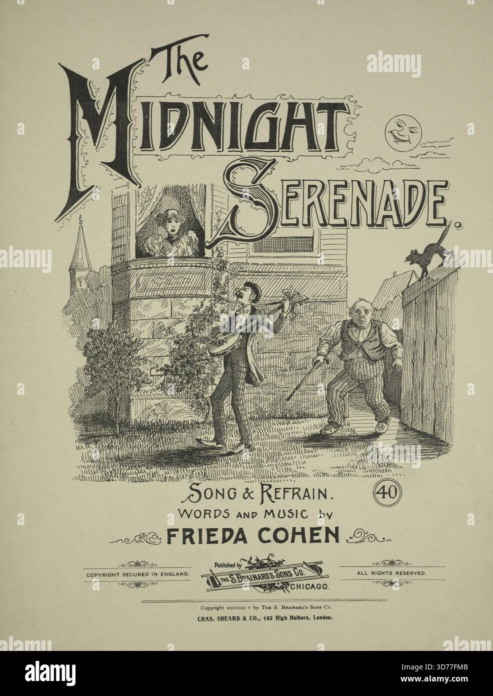 La sérénade de minuit, 1895. De plus, Hark, l'horloge frappe minuit, gémit doucement le vent dehors. Première ligne du refrain vous feriez mieux de partir il y a danger si vous restez., 1895., Chicago ; Londres. Editeur, The S. Brainard's sons Co. ; Chas. Shear & Co. Chansons, chats, banjos, sérénade., 1 partition (8 p.) ; 31 cm Banque D'Images