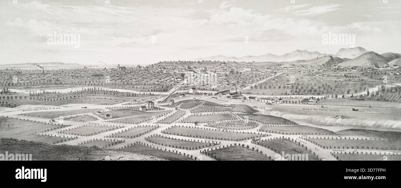 Vue de Los Angeles depuis l'est, avec Brooklyn Heights au premier plan, avec l'océan Pacifique et les montagnes Santa Monica en arrière-plan. Créé en 1877 par Eli Sheldon Glover (1845-1919). Publié par la Brooklyn Land and Building Co, Los Angeles, Californie., 1 tirage lithographique teinté ; 25 x 59,7 cm Banque D'Images