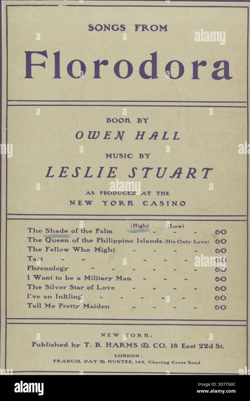 The Shade of the Palm, Additional, Oh, My Dolores, Queen of the Eastern Sea (première ligne de refrain), Additional, There is a Garden Fair (première ligne), 1900, New York, Publisher, Francis, Day & Hunter ; T.B. Harms & Co., chansons, séparation (psychologie), adieux, comédies musicales, relations homme-femme, 1 score (6 p.) ; 35 cm Banque D'Images