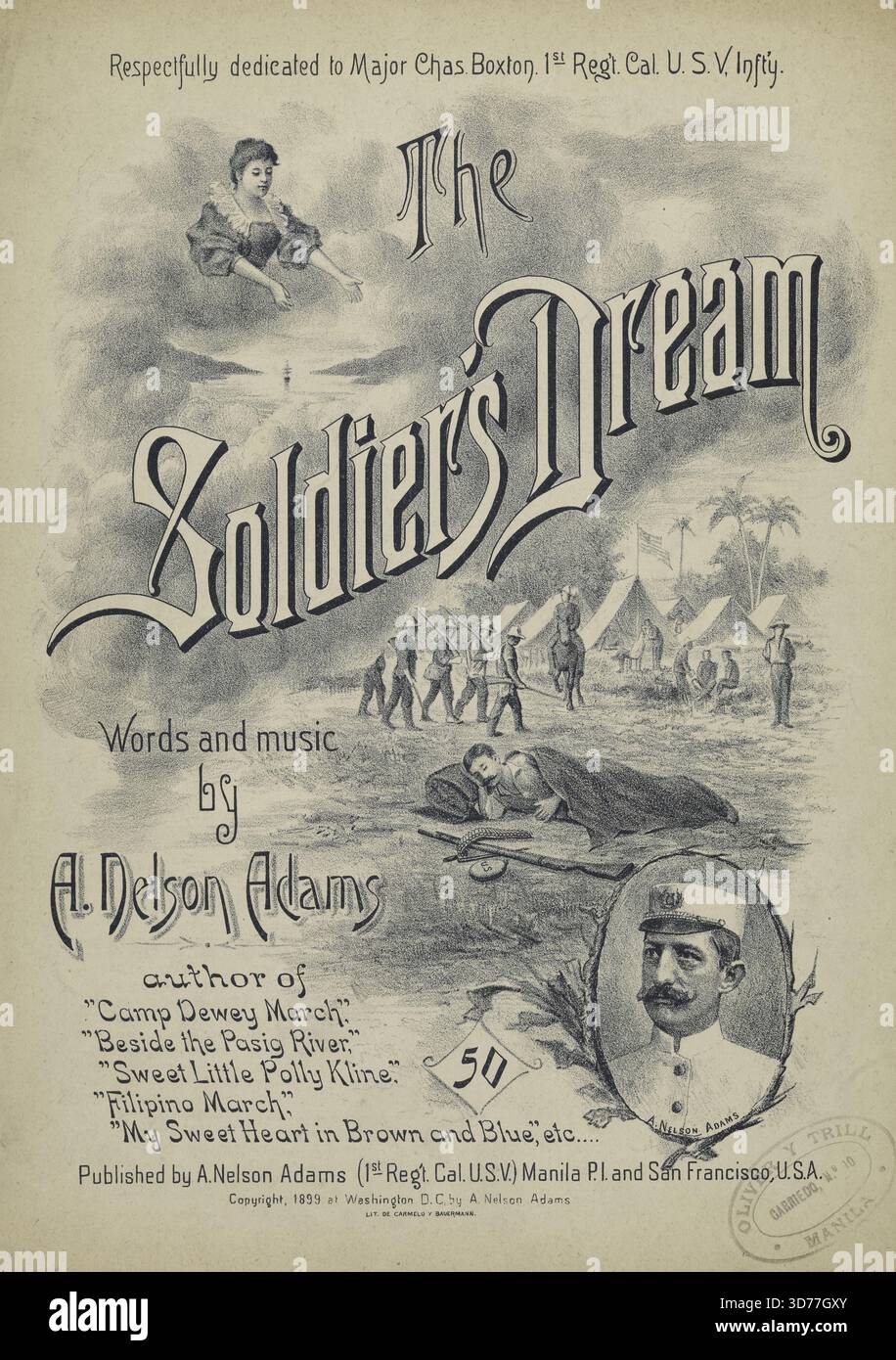 The Soldier's Dream, 1899, Additional, Afar from the hearthstone of Kindred and lov'd Ones., première ligne de la chanson Come Back from o'er the Sea, a fond Heart Is Still Waiting., 1899, Washington D.C., Publisher, A. Nelson Adams, chansons, rêves, soldats, États-Unis, relations homme-femme, 6 p. ; 35 cm Banque D'Images