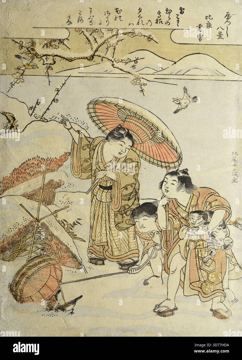 Garçons piégeant des oiseaux dans la neige, 1770, gravures sur bois, 10 1/4 x 7 1/2 po. (26 x 19,1 cm Banque D'Images