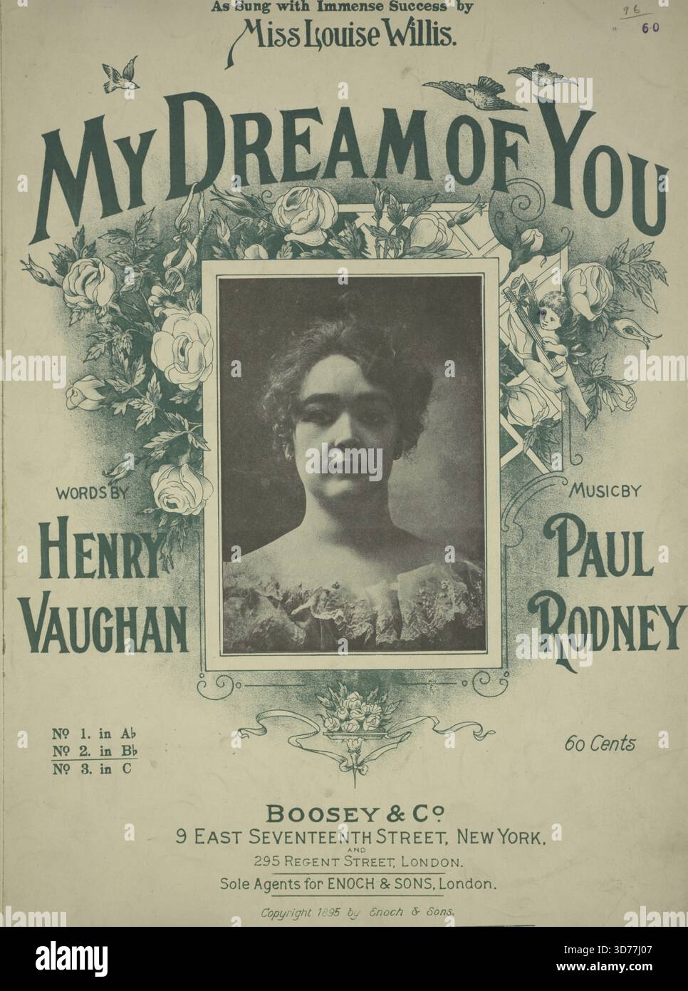 My Dream of You,' 1895, Additional, ''Twas Rosetime vous souvenez-vous ?' Première ligne. Publié en 1895 par Boosey & Co. à New York et Londres. La partition musicale se compose d'une partition (8 pages) mesurant 32 cm. Les thèmes incluent des chansons, des Cupids, des guitares, des chansons de rêve et des chansons d'amour Banque D'Images