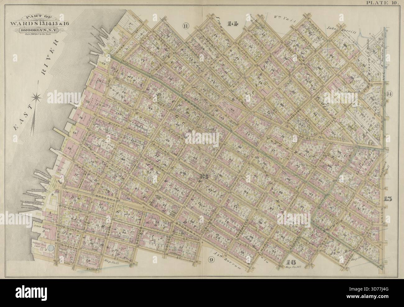 La planche 10 représente une section de Brooklyn, New York, délimitée par N. second Street, Kent Avenue, N. Third Street, Wythe Avenue, N. Fifth Street, Berry Street, N. Seventh Street, Bedford Avenue, N. Ninth Street, Driggs Street, N. 10th Street, Union Avenue, S. second Street, Hooper Street, S. Third Street, Keap Street, S. Fourth Street, Rodney Street, S. Fifth Street, Marcy Avenue, Broadway, Roebling Street, S. Ninth Street, Bedford Avenue, S. 10th Street, Berry Street, S. 11th Street, Kent Street et River Street. Cette plaque a été publiée en 1886 par E. Robinson Co. et illustre des parties de Wards 13 Banque D'Images