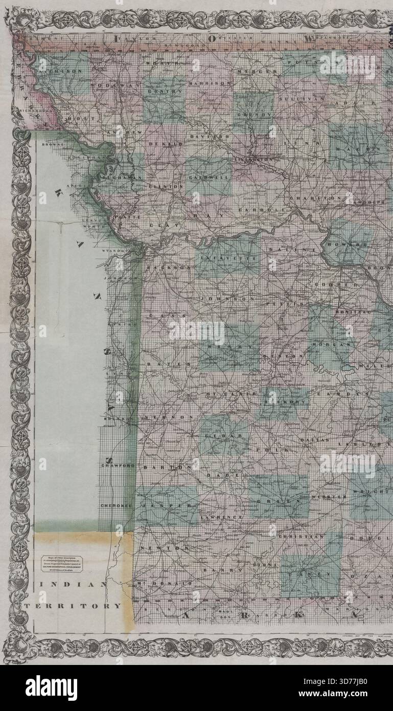 La nouvelle carte en coupe de Colton de l'état du Missouri, compilée à partir des enquêtes des États-Unis et d'autres sources authentiques, expose des sections, des sections fractionnaires, des comtés, des villes, villes, villages, bureaux de poste, chemins de fer et autres améliorations internes. La carte a été publiée en 1870 par G.W. et C.B. Colton & Co. à New York. Il mesure 79 x 95 cm (sur feuille 86 x 101 cm), est coloré à la main, et est plié dans une couverture de 16 x 10 cm. La copie NYPL Map Division est divisée en deux feuilles de 86 x 51 cm ou moins, classées à plat, et enveloppées de mylar avec la couverture originale. Le texte Banque D'Images