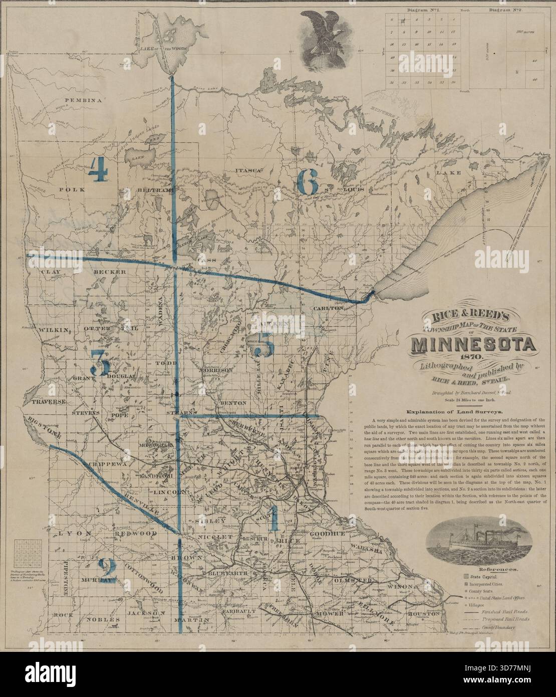Carte du canton de Rice & Reed de l'État du Minnesota, 1870. La carte, colorée à la main, mesure 46 x 39 cm, a été lithographiée et publiée par Rice & Reed à Paul, Minnesota, et représente les divisions administratives et politiques de l'État Banque D'Images