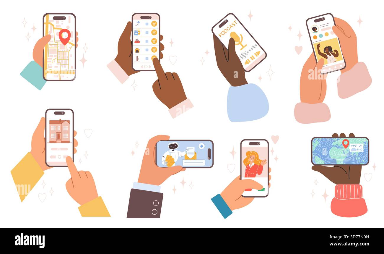 Mains diverses tenant des smartphones affichant des cartes, des podcasts, des chats, des appels vidéo, des médias sociaux, représentant l'utilisation de la technologie de communication mobile moderne isolé sur l'illustration vectorielle de fond blanc Illustration de Vecteur