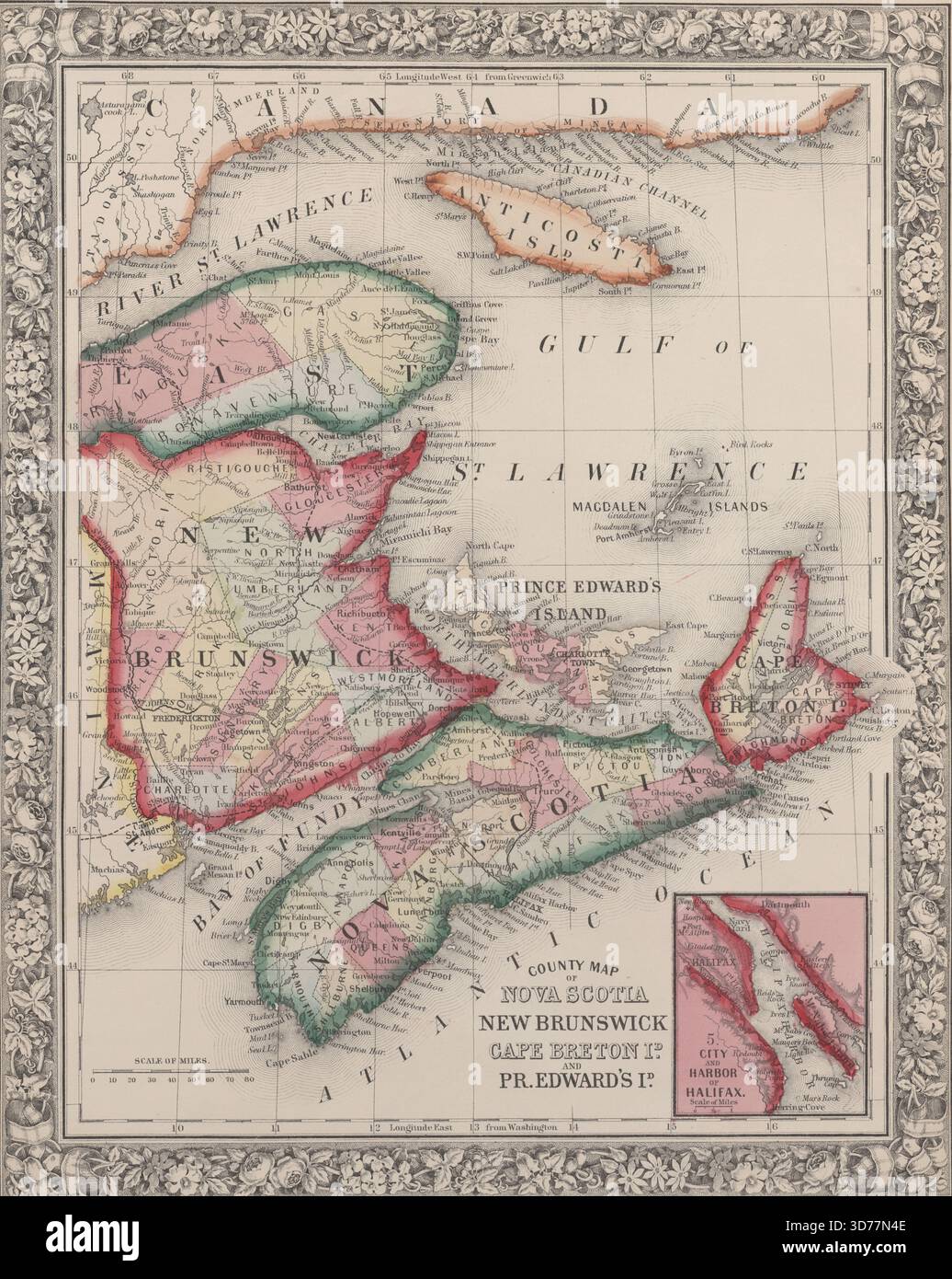 Carte du comté de la Nouvelle-Écosse, du Nouveau-Brunswick, du Cap-Breton et des Îles-du-Prince-Édouard ; ville et port de Halifax inset., 1863., Philadelphie. Éditeur, S. A. Mitchell, Jr. Provinces maritimes Banque D'Images
