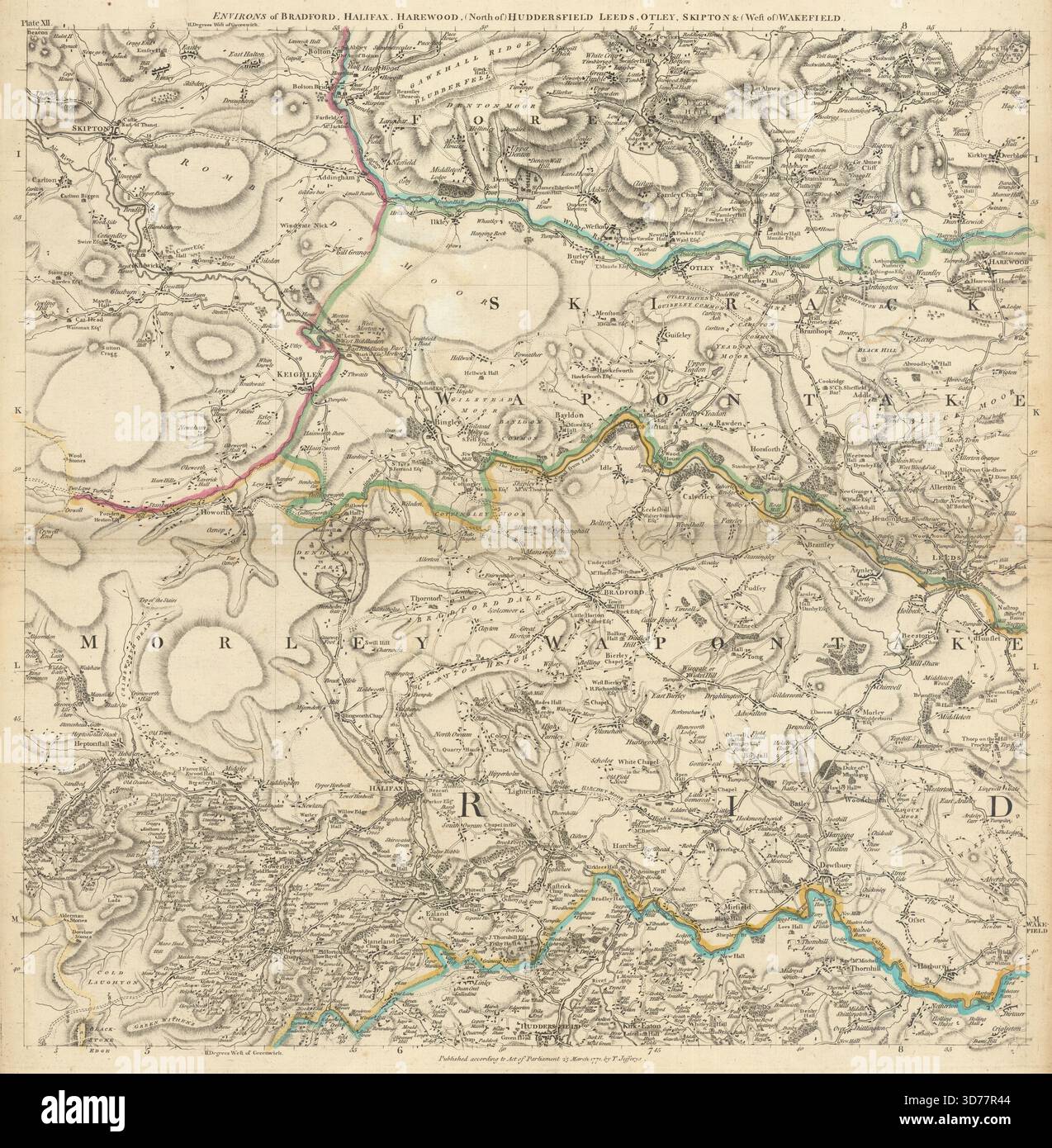 West Yorkshire. Bradford, Halifax, Huddersfield et Leeds. Carte T. Jefferys 1772 Banque D'Images