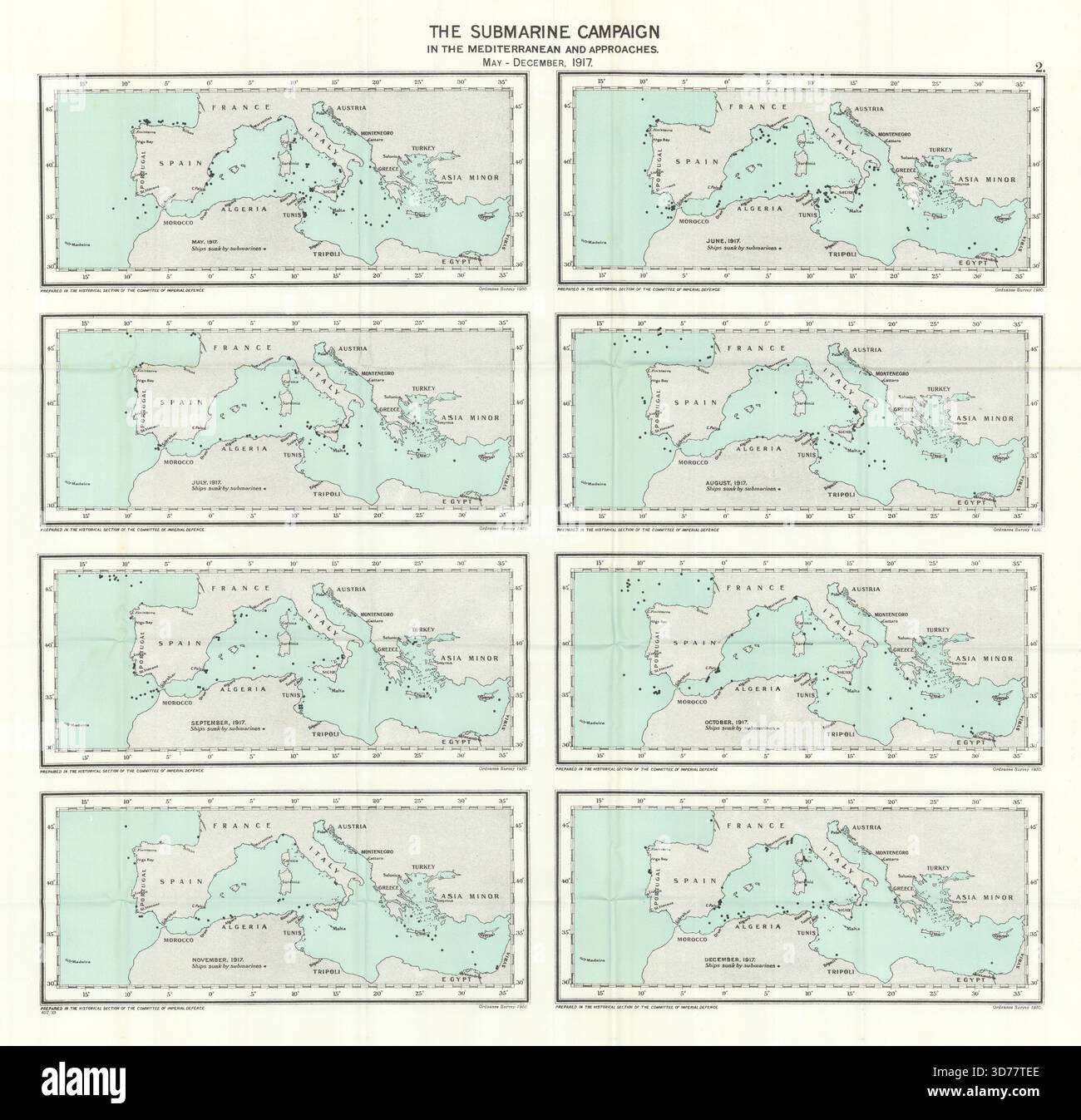 Campagne allemande de sous-marins U-Boot Méditerranée mai-décembre 1917. WW1 1931 carte Banque D'Images