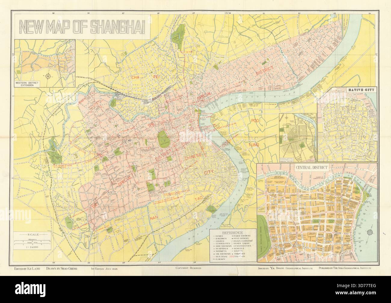 Nouvelle carte de Shanghai. Plan de ville de Ke Lang & Hao Cheng. 1ère édition juillet 1945 Banque D'Images