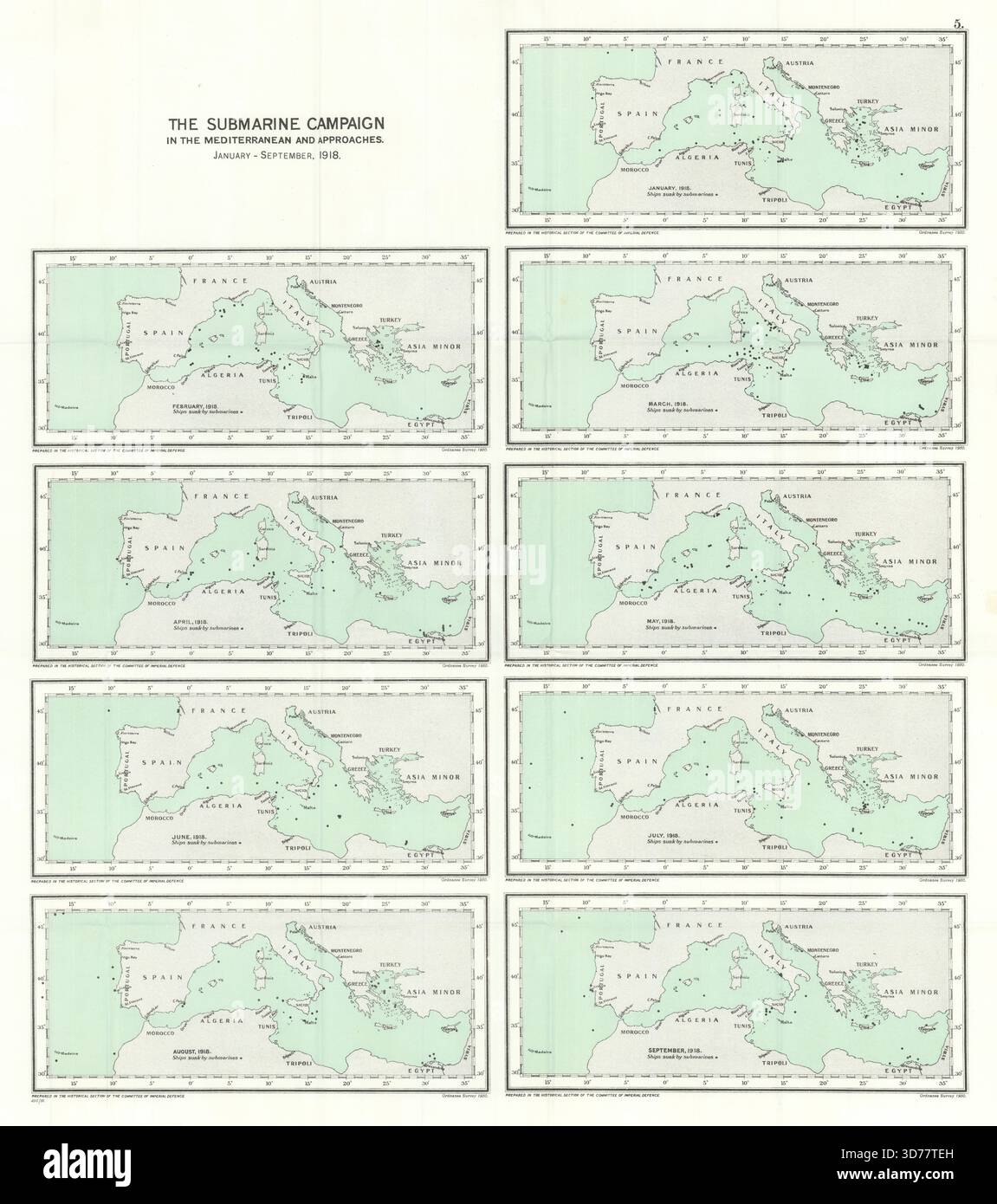 Campagne allemande de sous-marins U-Boot Méditerranée janvier-septembre 1918. WW1 1931 carte Banque D'Images