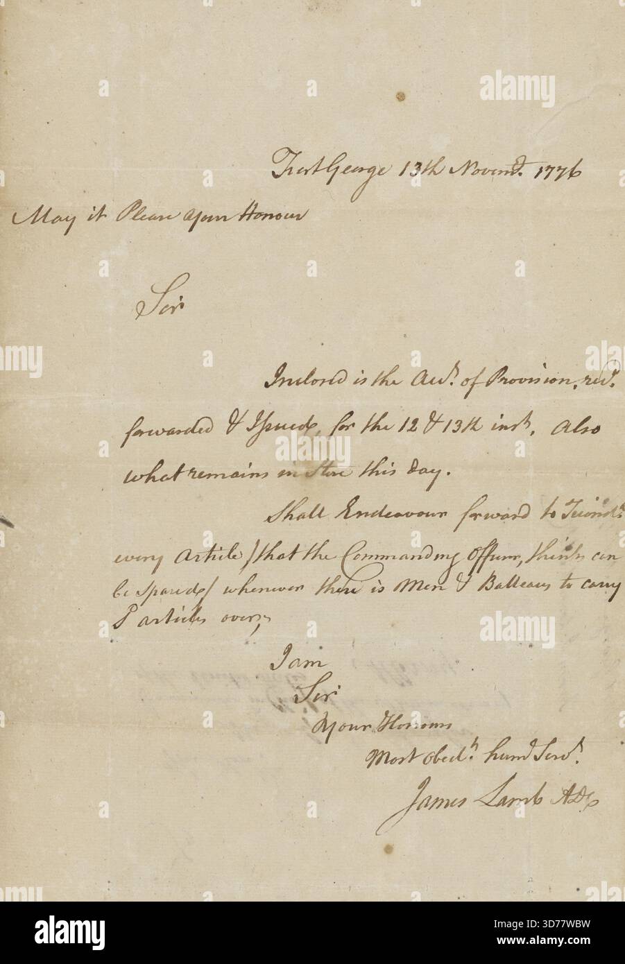 1776 13 novembre, lettre, correspondance historique. Heure capturée dans le script Banque D'Images