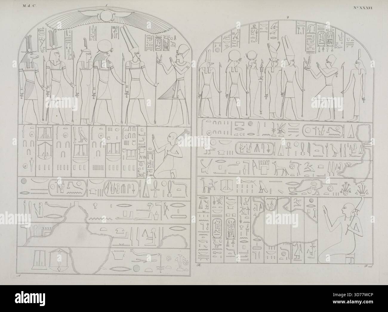 La lithographie comporte deux images distinctes sur une page, illustrant une scène où un roi offre des cadeaux à diverses divinités égyptiennes, y compris Amon-Ré, Phre Ra, Tme Maat, Phtah, et Sevek Sobek. Accompagnant le roi est la déesse Tme Maat, qui présente également des offrandes à Amon-Ré, aux côtés des divinités Amon, Muth, Mut, Chons Khonsu, Phre Ra, et Sevek Sobek. L'œuvre a été créée par Giuseppe Angelelli, Gaetano Rosellini et Salvador Cherubini entre 1832 et 1844, et se situe dans le contexte des anciennes pratiques religieuses égyptiennes Banque D'Images