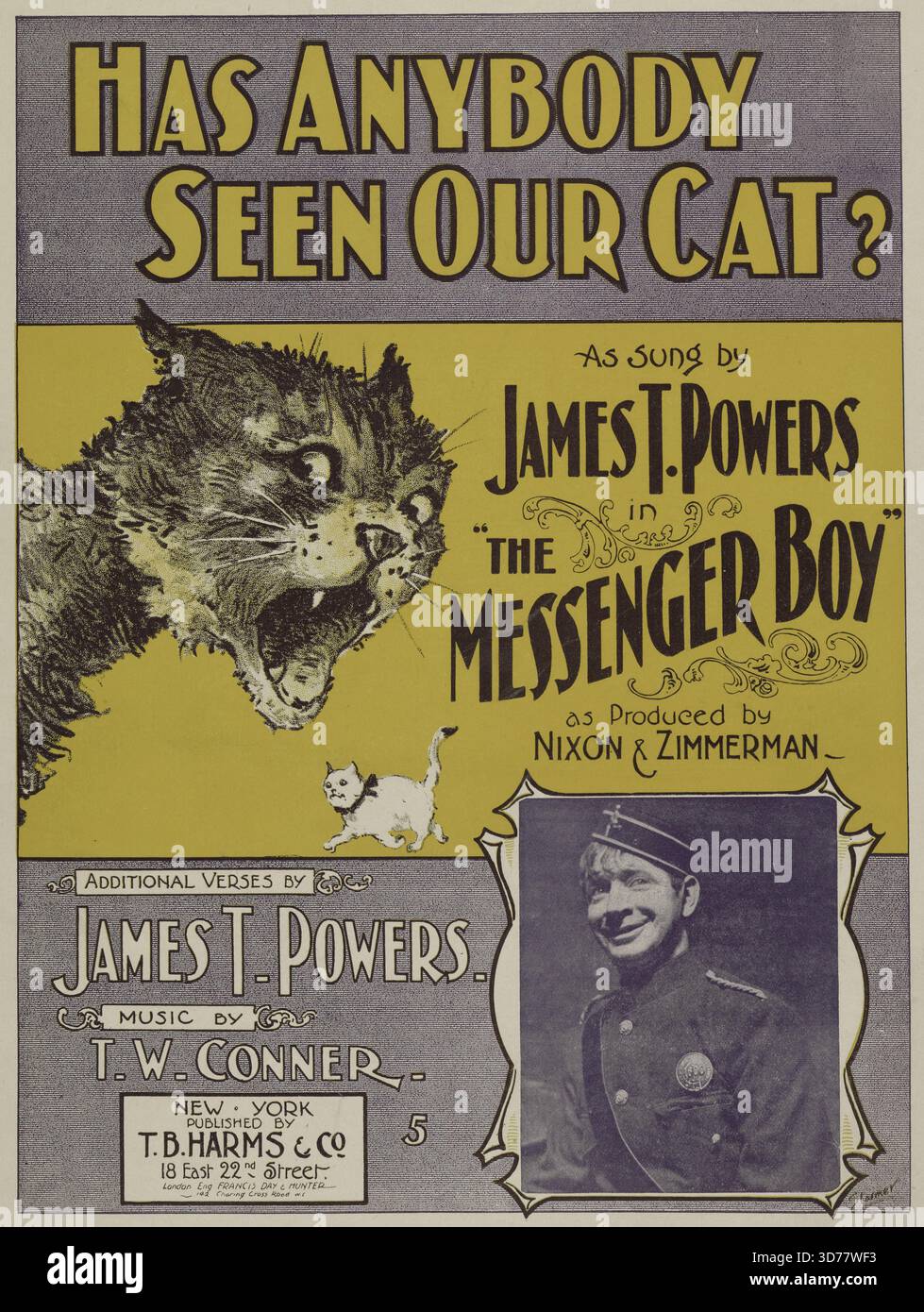 Quelqu'un a vu notre chat ?, additionnel, je suis contrarié maintenant, laissez-moi vous dire pourquoi, première ligne de chanson : additionnel, Messenger Boy, uniforme, est-ce que quelqu'un a vu notre chat ?, 1899, New York, Éditeur, T.B. Harms & Co., sujets : chansons, enfants et animaux, animaux, chats, Etats-Unis, 1880-1889, 8 p. ; 33 cm Banque D'Images