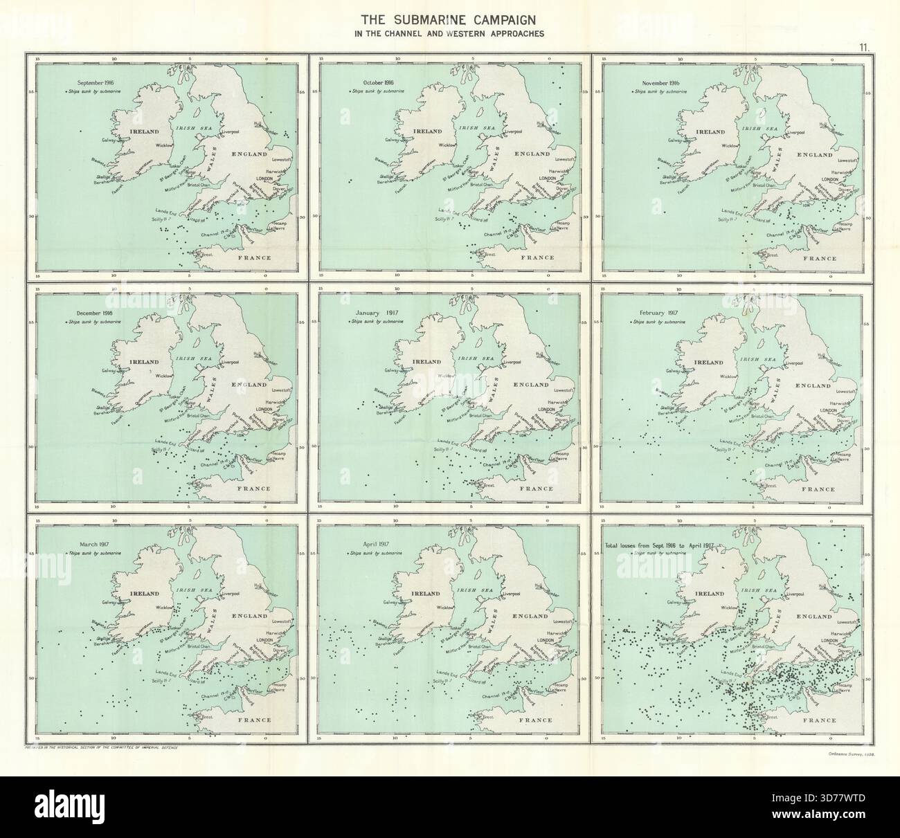 Campagne allemande de sous-marins U-Boot. Chaîne anglaise 9/1916-4/1917. WW1 1928 carte Banque D'Images