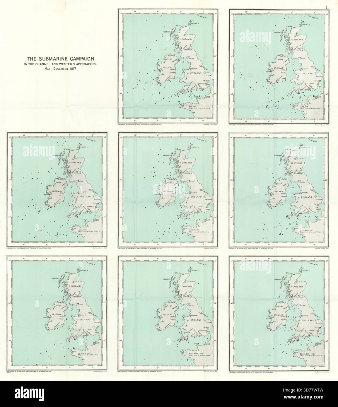 Campagne de sous-marins allemands sous-marins de la Manche mai-décembre 1917. WW1 1931 carte Banque D'Images