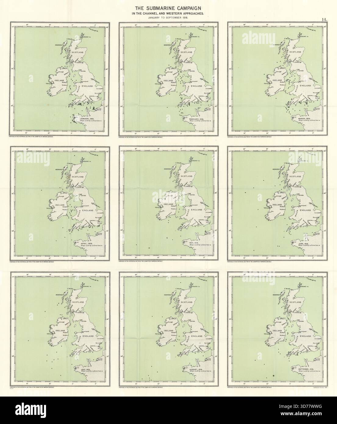 Campagne de sous-marins allemands U-Boot English Channel Jan-September 1918 WW1 1931 map Banque D'Images