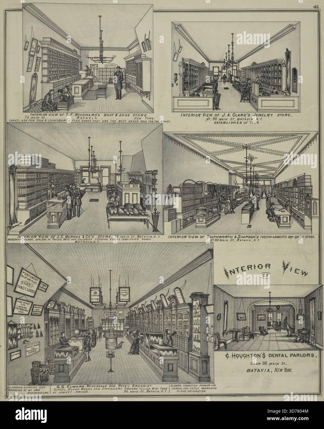 Vue intérieure du magasin T. F. Woodward's Boot & Shoe, 74 main offert, Batavia, New York. Les dames demandent les chaussures fines de Cook & Lounsbury, ce sont les meilleures chaussures vendues pour l'argent. Vue intérieure du magasin J. C. Barnes & Co, 96 main fournis, Batavia, N.Y. Merchant Tailors, dealers in Youth Garçon and Children's Clothes & Gents Furnishing Goods. Vue intérieure de G. G. Elmore's Wholesale and Retail Drugstore, 92 main préparés, Batavia, N.Y. extraits aromatisants et essences de sa propre manufacture, école, livres vierges et papeterie. Commandes remplies avec soin aux prix les plus bas. Elmore condition poudre pour chevaux et Banque D'Images