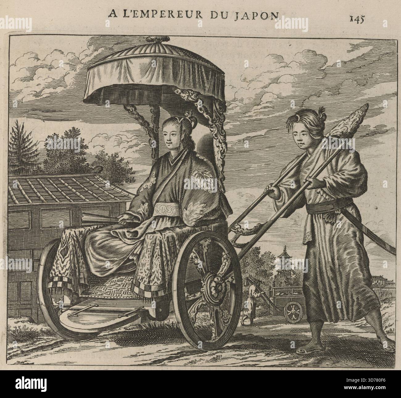 Femme japonaise dans un pousse-pousse, page 145, 1680. Publié à Amsterdam par J. de meurs, cet ouvrage se rapporte à la description et aux voyages du Japon, se concentrant sur les premiers travaux jusqu'en 1800, le transport au Japon, et les vêtements et vêtements au Japon, mettant en vedette spécifiquement les pousse-pousse Banque D'Images