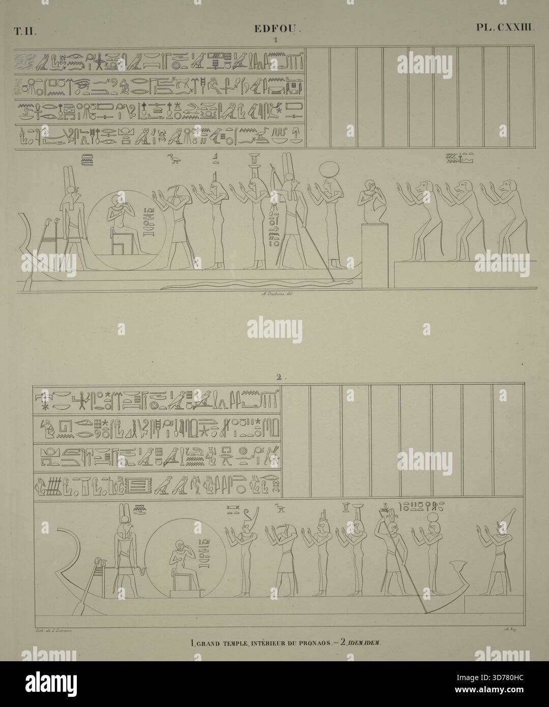 Edfou Idfû. Grand temple, intérieur du pronaos ; additionnel, ces six planches Pls. 23-28 : douze bas-reliefs qui forment un seul sujet en douze parties c'est le lever du dieu Har-Hat, la science et la lumière céleste personnifiées, et dont le soleil est l'image dans le monde matériel, son coucher, et ses formes symboliques à chacune des douze heures du jour, avec les noms de ces heures., 1835 - 1845, Paris, Publisher, Firmin Didot frères, Egypte, Antiquités, lithographies Banque D'Images