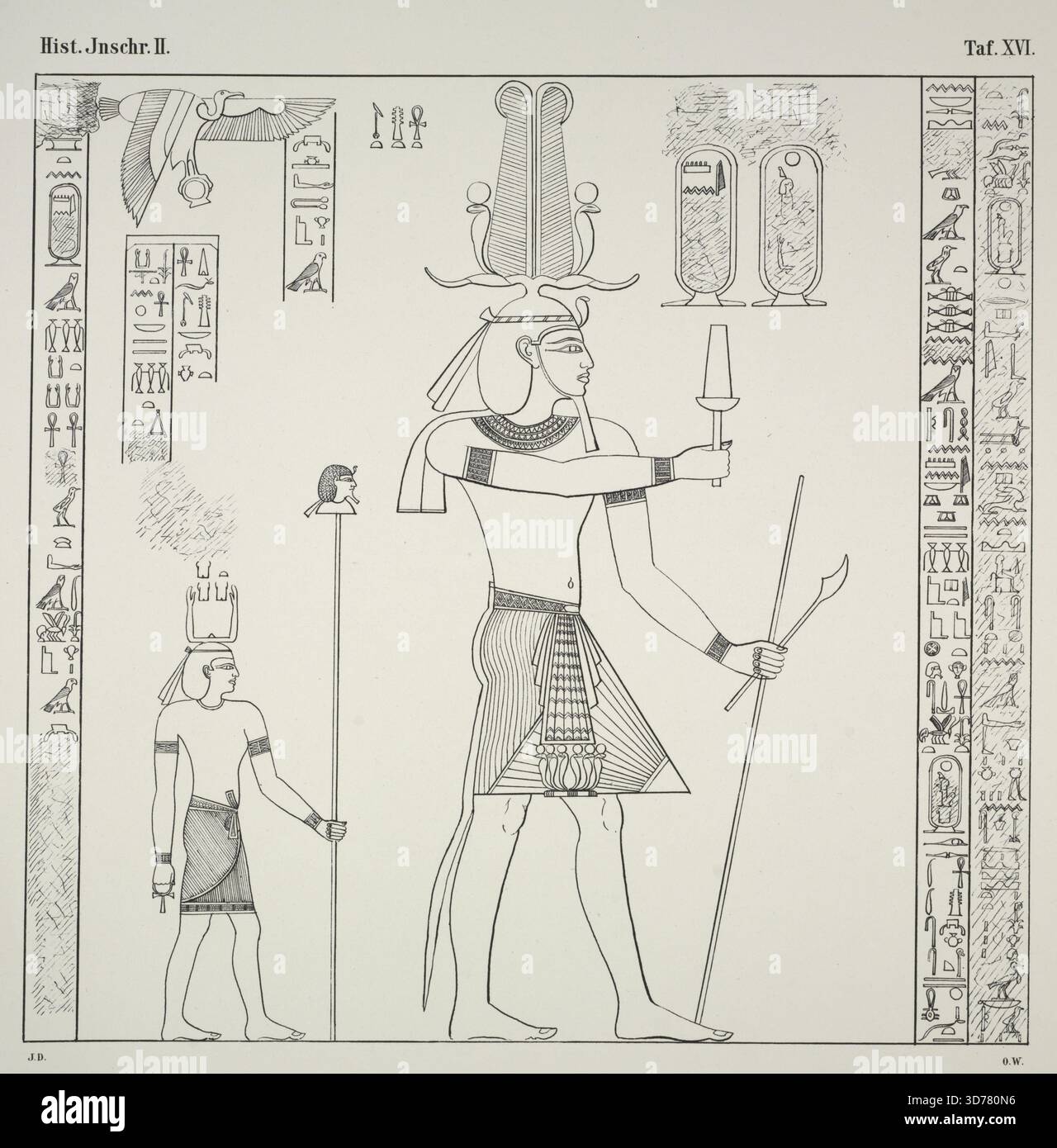 Cette collection présente des représentations et des inscriptions de contenu historique du Terrassentempel de Dêr-el Bah'eri en haute-Égypte. Il se concentre principalement sur l'expédition en mer envoyée en Arabie par la reine Misaphris, sœur de Thoutmosis III, au XVIIe siècle av. J.-C.. La publication exclut les listes de sacrifices sur les planches V et VI, qui proviennent de deux tombes privées thébaines. Publié en 1869 à Leipzig par J. C. Hinrichs, il comprend des inscriptions en hiéroglyphes, bas-reliefs et lithographies liées aux antiquités égyptiennes Banque D'Images