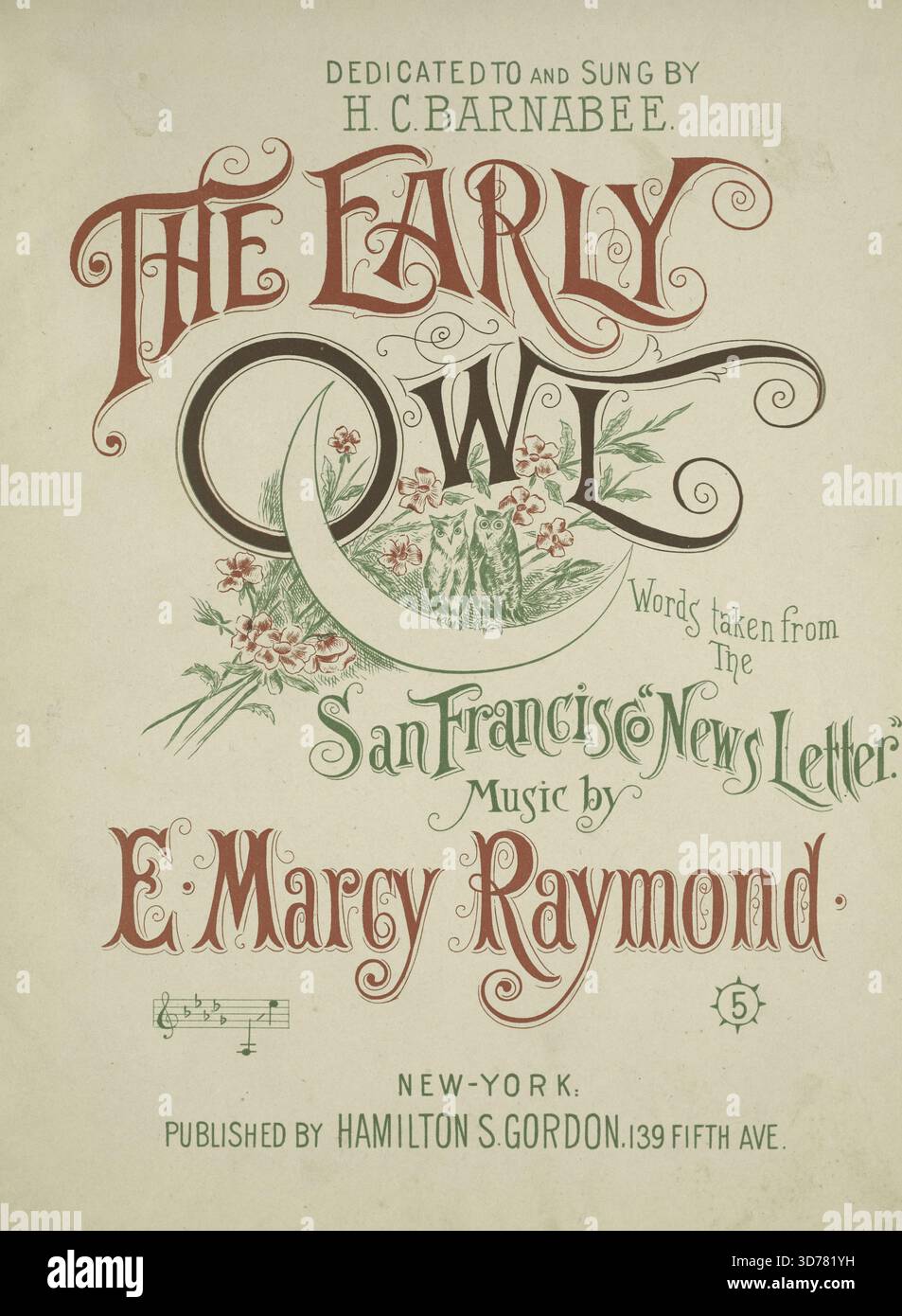 Le hibou précoce, 1893. De plus, un hibou vivait autrefois dans un arbre creux, trop hoot. First line., 1893., New York. Éditeur, Hamilton S. Gordon. Songs, Owls., 1 partition (10 p.) ; 34 cm Banque D'Images