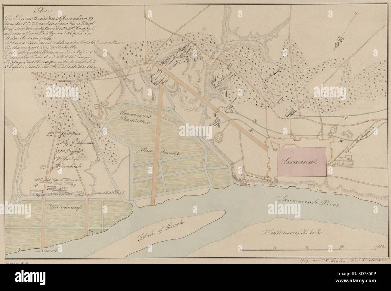 Une carte colorée à la main représentant le plan de la descente et les événements qui se sont produits le 29 décembre 1778 dans la ville de Savannah. La carte mesure 20 x 30 cm, et est sur une feuille de 25 x 35 cm, elle se rapporte à l'histoire des fortifications à Savannah, en Géorgie, pendant la Révolution américaine, plus précisément pendant le siège de 1779. La carte a été publiée entre 1810 et 1880 et est associée à un éditeur non identifié, avec un lieu de publication douteux noté comme Berlin, en Allemagne Banque D'Images