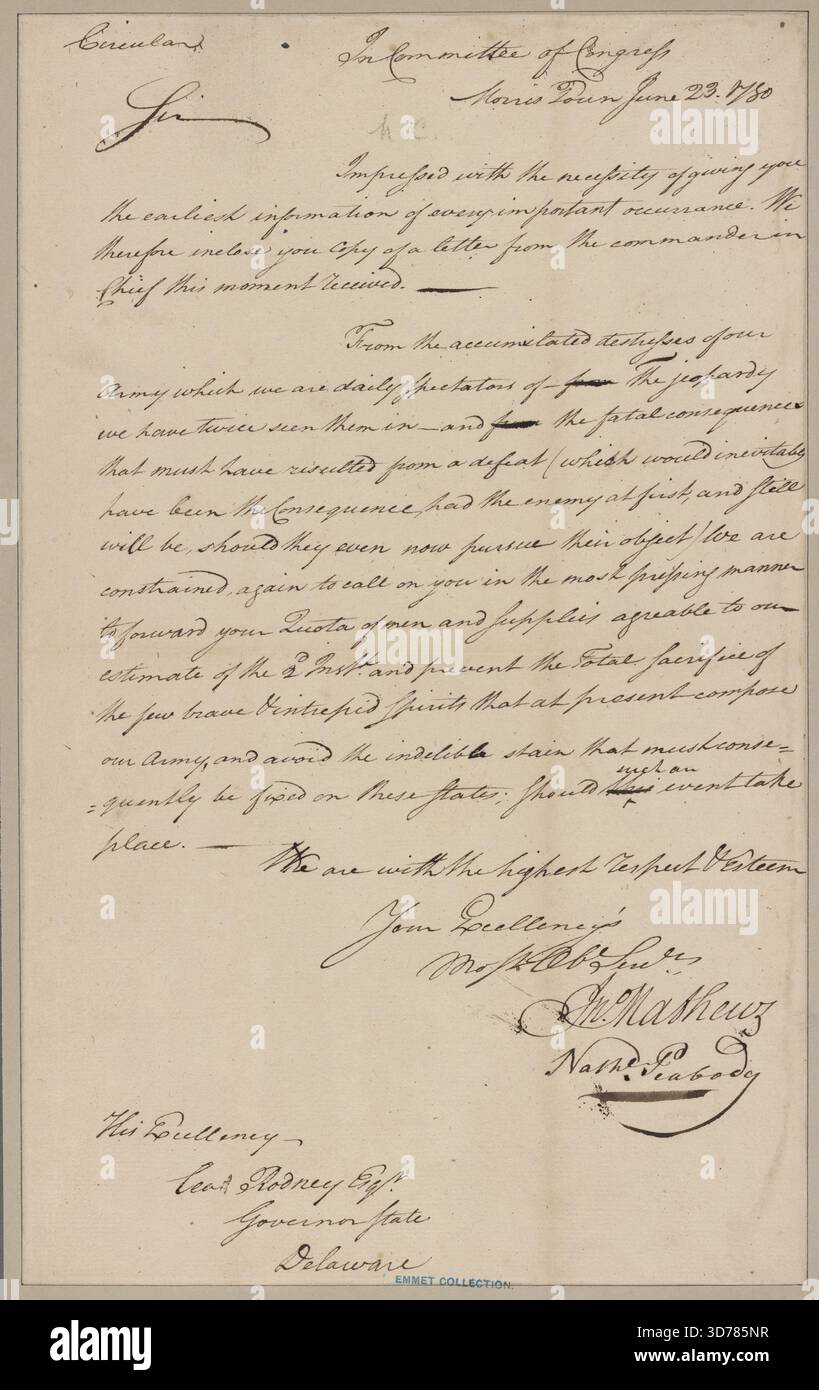 Lettre à Caesar Rodney, gouverneur du Delaware, datée du 23 juin 1780, de Jno. Mathews, signé aussi par Natl. Peabody. Morris Town, N.J. 1 page Banque D'Images