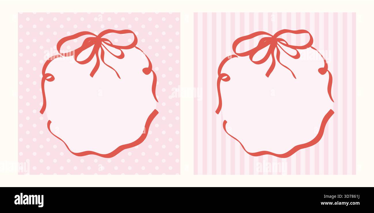 Fantaisistes cadres rétro dessinés à la main avec des boucles de rubans et des bandes ondulées. Bordures décoratives de coquette vintage pour invitation de mariage à thème de fille ou Illustration de Vecteur