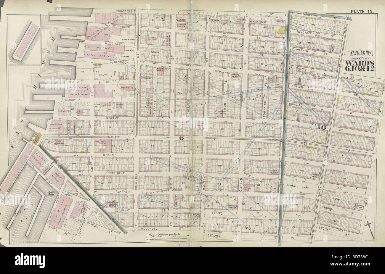 Plaque 15 délimitée par Congress Street, Bergen Street, Smith Street, E. Baltic Street, Hoyt Street, deuxième rue, deuxième place, Henry Street, Woodhull Street, Columbia Street, Rapelye Street, Van Brunt Street, Bowne Street, commercial Wharf., 1880., New York. Editeur, G. W. Bromley & E. Robinson, Brooklyn (New York, New York). Immobilier, New York (État), New York Banque D'Images