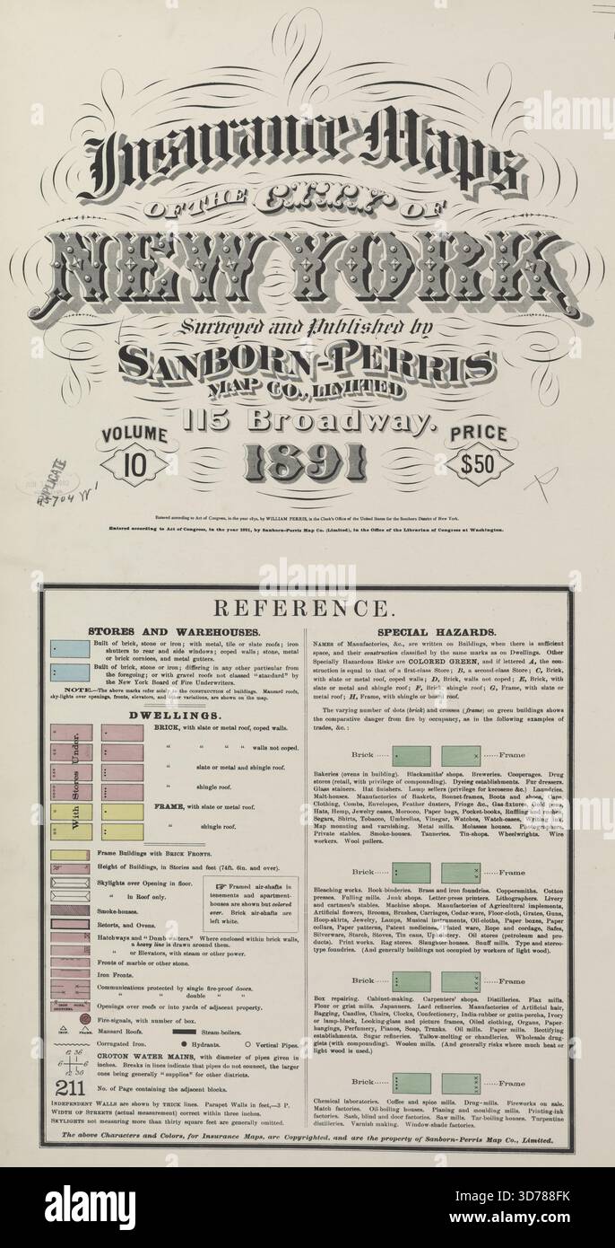Cartes d'assurance de la ville de New York, arpentées et publiées par Sanborn-Perris Map Co., Limited, 115 Broadway, 1891. Volume 10, 1884-1891., 1891., New York. Éditeur, Sanborn Map Company. Assurance incendie, biens immobiliers, villes et villages à New York (État Banque D'Images