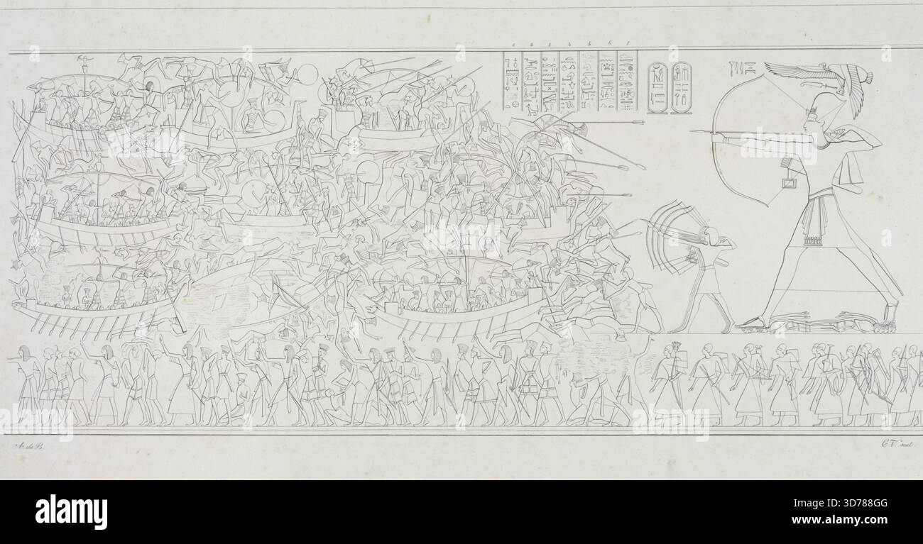 Battaglia navale,' 1832 - 1844 de Giuseppe Angelelli, Gaetano Rosellini, et Salvador Cherubini. La lithographie représente la guerre navale à l'époque de Ramsès III d'Égypte, mettant en évidence les interactions entre les Égyptiens et les peuples de la mer. L'œuvre se déroule à Pise et se concentre sur les antiquités et les monuments de Nubie et d'Egypte Banque D'Images