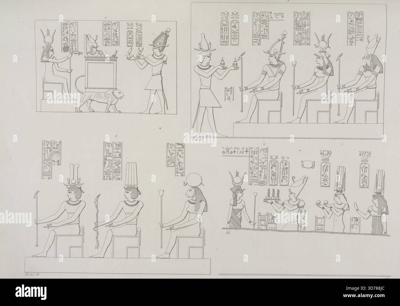 Quatre lithographies représentant des offrandes faites par diverses figures aux divinités égyptiennes. 1. Tibère présente une offrande à Horus et Isis. Tibère offre à Osiris, Isis et Horus. 3. Les dieux Irihôsnofre, MEUI et Tafne sont illustrés. 4. Ptolémée Euergète II, avec sa sœur et sa femme Cléopâtre, offre à Isis. Les images ont été créées entre 1832 et 1844 par Giuseppe Angelelli, Gaetano Rosellini, et Salvador Cherubini, et se situent dans le contexte historique de Pise, en Égypte, avec des thèmes des antiquités et de la religion. La composition comprend des références à des figures notables telles que Banque D'Images