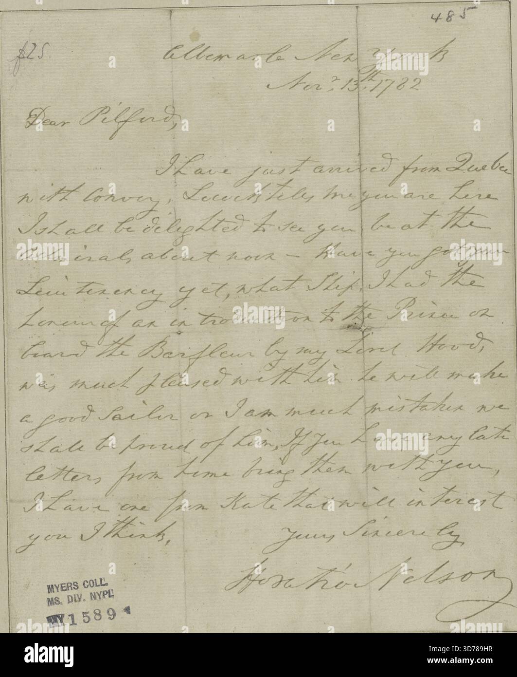 Nelson, Horatio. Albemarle, N.Y. à Pilford., 13 novembre 1782., 1 page Banque D'Images