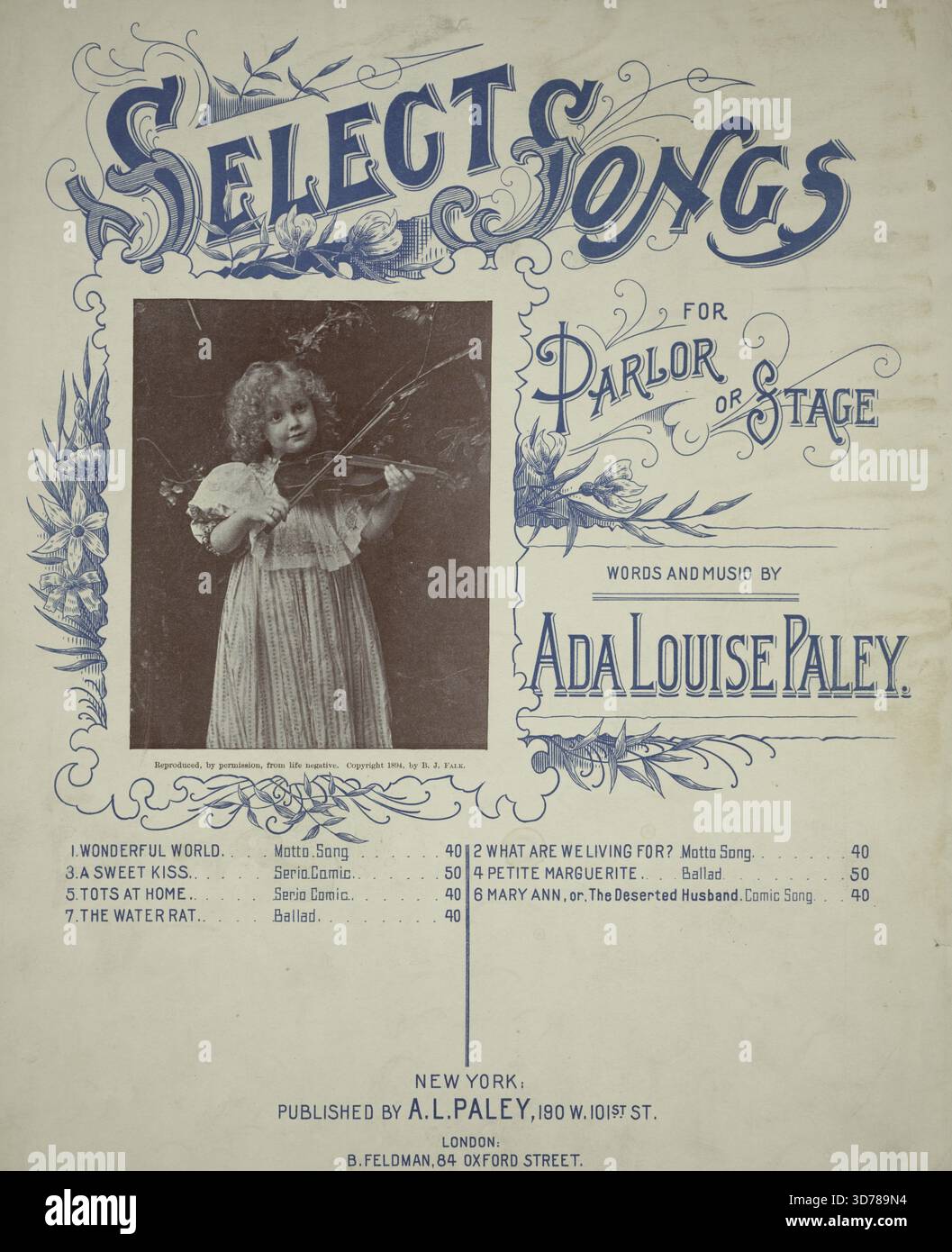 Petite Marguerite, additionnelle, ma Marguerite, mon propre bébé de quatre ans., première ligne puis prenez votre instrument mon enfant et jouez vos premières notes douces., 1895, New York ; Londres, Éditeur, A.L. Paley, chansons, violonistes, États-Unis, 1800-1899, musique et enfants, 1 partition (8 p.) ; 36 cm Banque D'Images