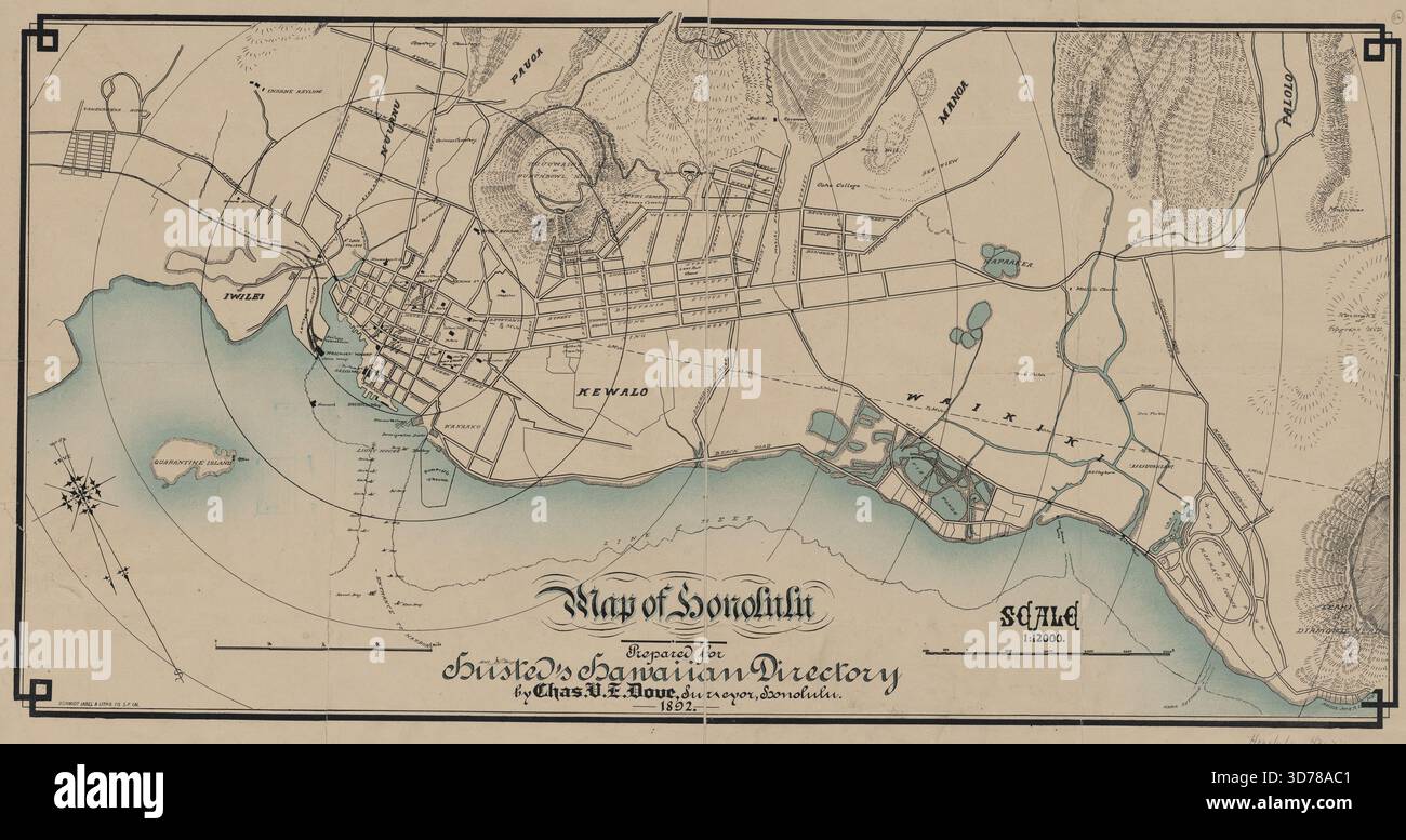 Carte de Honolulu, préparée pour Husted's Hawaiian Directory par Chas. V.E. Dove, arpenteur, Honolulu, 1892. Publié par Schmidt Label & Litho. C., San Francisco, CA. 1 carte, couleur ; 43 x 85 cm, feuille 50 x 89 cm Banque D'Images