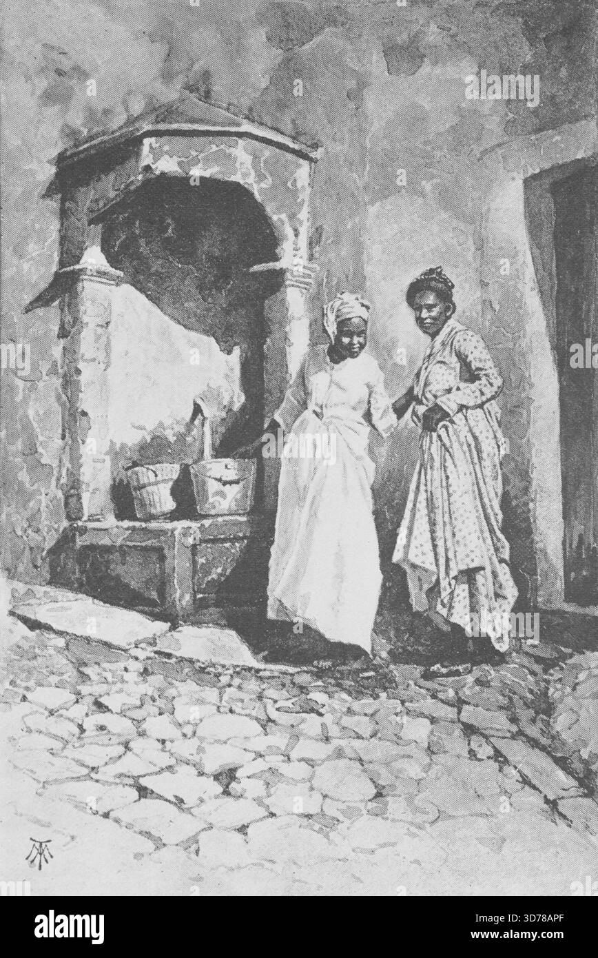 Fontaine de rue dans un magasin Pierre, 1887. Publié par C. Scribner's sons à New York. Les mots-clés incluent Antilles, Lesser, Fontaines, femmes, vêtements et robe, Saint-Pierre (Martinique Banque D'Images