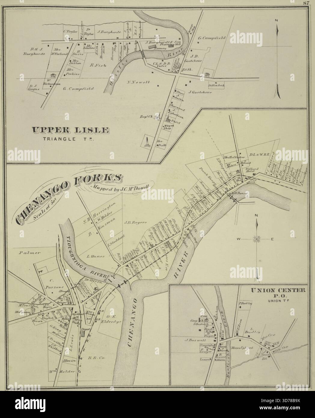 Une carte historique intitulée 'Upper Lisle, Triangle TP ; Chenango Folks ; Union Center P.O., Union TP villages', publiée en 1876 par Everts, Ensign & Everts à Philadelphie. La carte présente le comté de Broome, New York, et plus particulièrement la ville de Union Banque D'Images