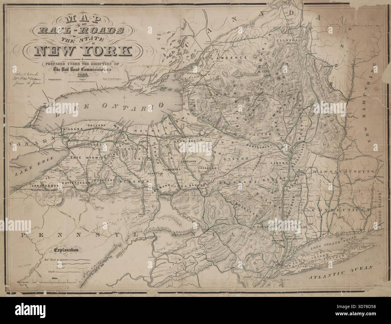 Carte des chemins de fer de l'état de New York, 1856. Publié par le New York State Board of Railroad Commissioners., 1856., Albany, New York, 1 map; couleur à la main ; 57 x 74 cm, sur feuille 60 x 76 cm. la carte comprend les chemins de fer de l'État de New York ainsi que les états voisins tels que la Pennsylvanie, le New Jersey, le Vermont, le Massachusetts et le Connecticut, avec les canaux et les divisions administratives et politiques de New York Banque D'Images